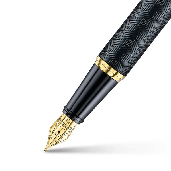 Sheaffer 300 Engraved Matte Black Medium Nib Fountain Pen with Chrome Cap and Gold Trims SE0934753
