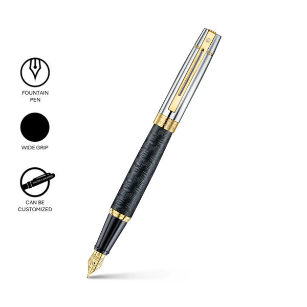 Sheaffer 300 Engraved Matte Black Medium Nib Fountain Pen with Chrome Cap and Gold Trims SE0934753